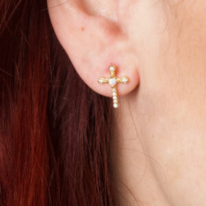 AMEN - 18K Gold Plated Fire Opal Cross Stud Earrings